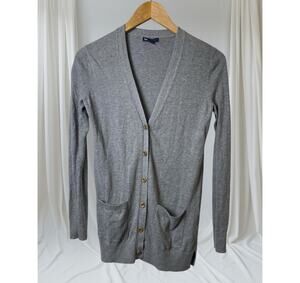 Gap Gray Long V-Neck Button Front Long Sleeve Pocketed Cardigan Women's Size XS